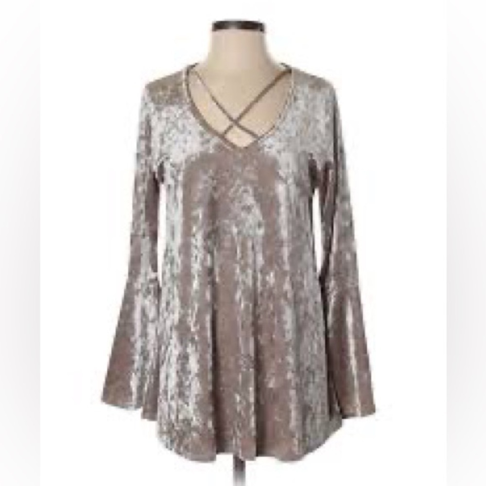 NWT Jodifl Criss Cross Velvet PulloveTunic Blouse in Champagne with Bell Sleeves